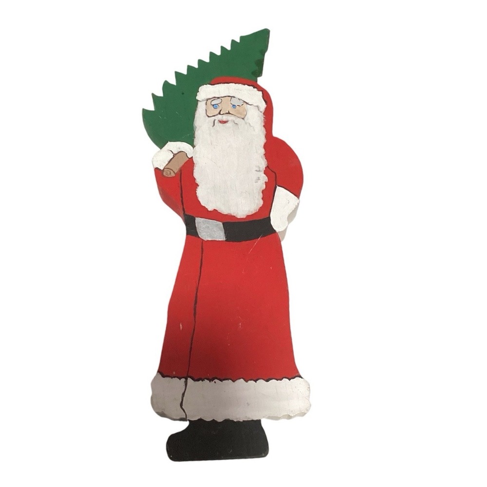 Hand Painted Wooden Santa Claus Figure with Tree Folk Art Holiday Decor 10.5in
